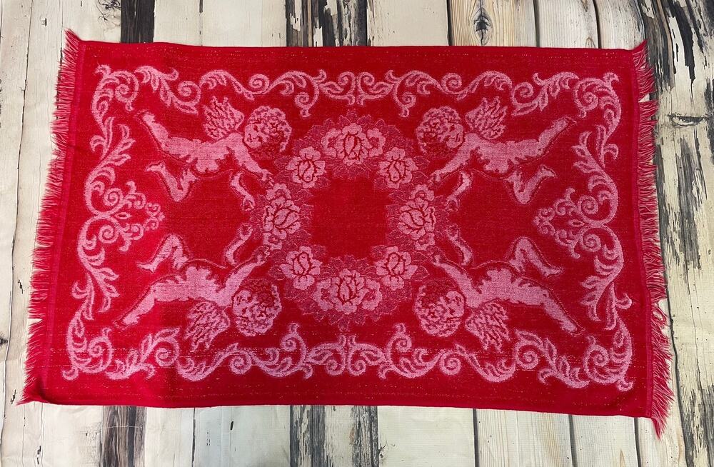 Vintage 1960s Red Pink Cherub Hand Towel Bath Mat Fringe Callaway by Milliken